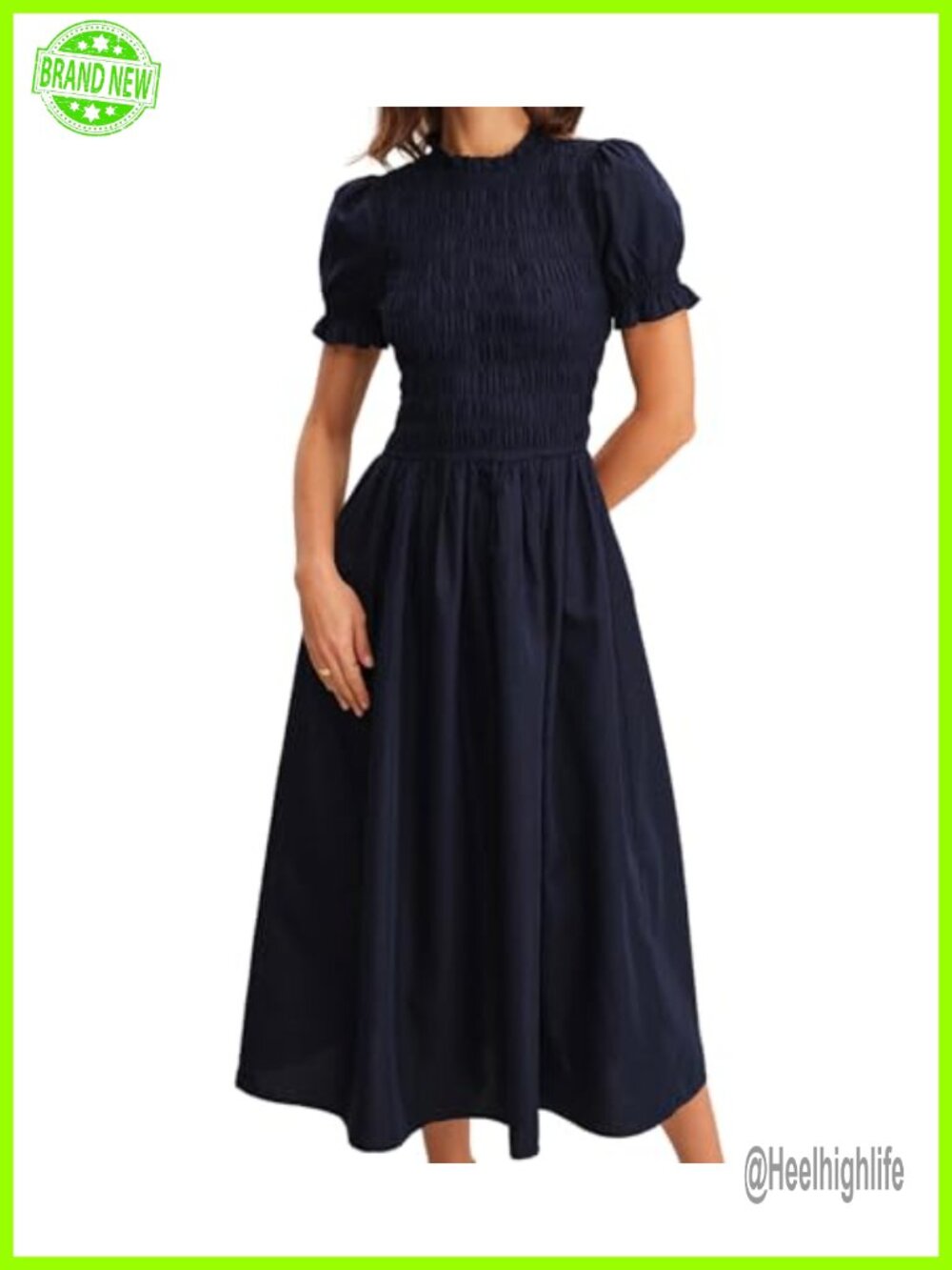 Plaid Gingham Smocked Midi Dress Short Sleeve Puff Sleeve